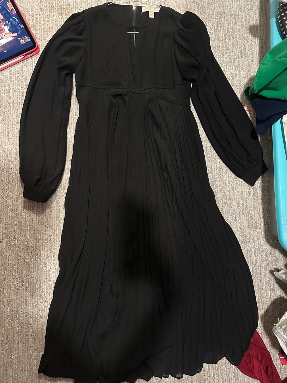 Michael Kors Black Pleated Long Sleeve Midi Dress